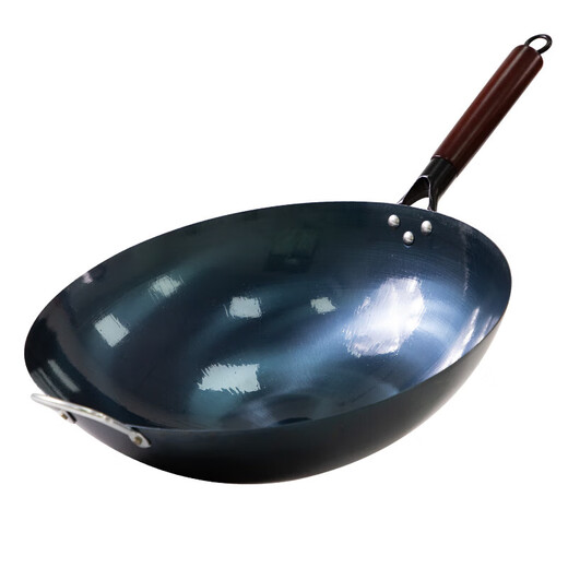 Old-fashioned iron pot, household uncoated wok, commercial chef's special open pot, wrought iron round bottom gas stove pot cover set, 30CM roasted blue pot