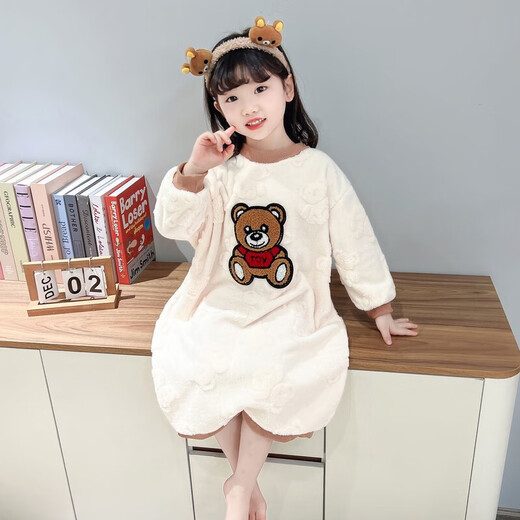 Girls autumn and winter flannel nightgown baby girl home clothes cute children girls coral velvet pajamas thickened sleeping bag off-white high density jacquard bear nightgown 90