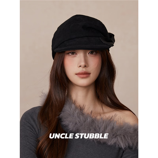 Thousand gold style bow newsboy cap for girls, Korean style sweet painter hat, autumn and winter warm woolen beret, reversible brim, black, one size fits all (55-59cm), adjustable