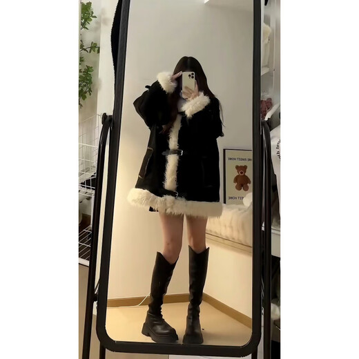 Apocalypse Century Design Retro Furry Stitching Lamb Wool Stand Collar Cotton Clothes Women's Winter Thickened Motorcycle Jacket Black S