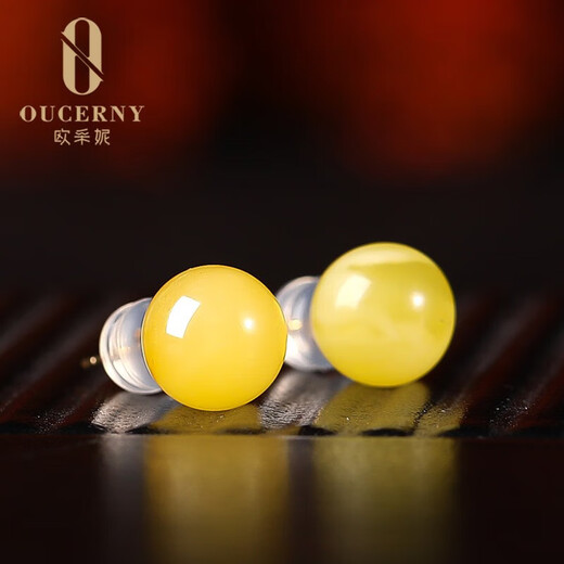 Ozeni beeswax earrings, natural amber rough stone, 18K gold inlaid with chicken fat yellow amber ball earrings, Chinese Valentine's Day gift