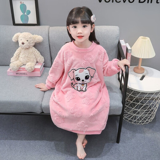 Girls autumn and winter flannel nightgown baby girl home clothes cute children girls coral velvet pajamas thickened sleeping bag off-white high density jacquard bear nightgown 90