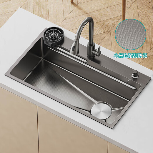 Juuuwang Kitchen Nano Gun Grey Sus304 Évier en acier inoxydable à gauche et à gauche Grande table d'évier unique supérieur au milieu et inférieur Bol de bassin de lavage [Picking Robinet Set Bower Right Water] Gray Gris 680 mmx450 mm