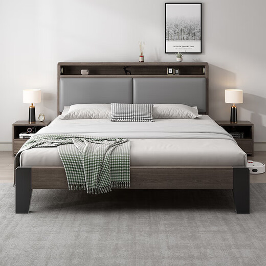 Bed 1.5mx2m solid wood bed rental room modern simple double bed oak gray single bed 1.8*2m