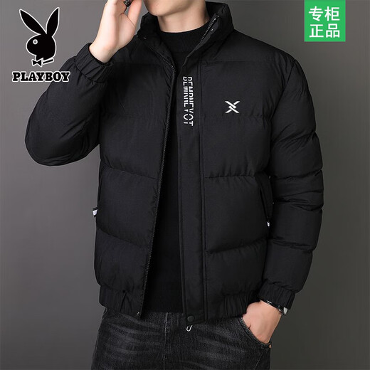 Playboy Men's Cotton Jacket 2026 Winter New Thick Warm Windproof Casual Stand Collar Short Cotton Jacket Men's Jacket X2297 Black XL Recommended 115-130 Jin Jin equals 0.5 kg