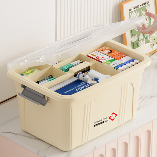 Large medicine box with lid for household clothes, toys, snacks, books, portable storage box, large capacity plastic organizing box 33*23.5*18.5cm medium layered medicine box