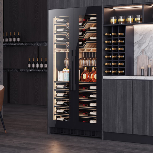 Baikelen double-door ultra-thin red wine cabinet with variable frequency constant temperature wine cabinet for raising tomatoes, fully seamless embedded home wine refrigerator, 2 meters (53cm single temperature) hanging cup display (Hettich door