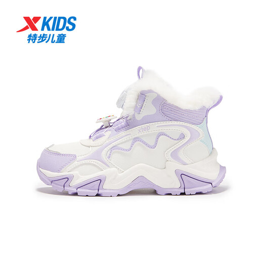 XTEP (XTEP) children's velvet cotton shoes, winter girls' rex rabbit velvet lining, warm and comfortable knob-buckle leather sneakers, sail white/snow purple 33