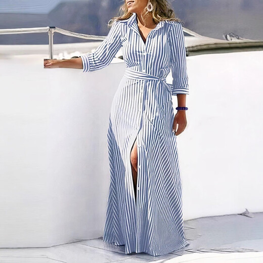 2023 eBay hot style autumn new fashion long-sleeved printed shirt dress long dress for women navy print S