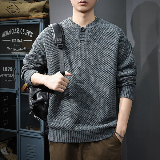 Le Xin Chao Autumn Trendy Japanese Retro Henley Collar Sweater Men's Pullover Loose Knitwear Autumn and Winter New Style Inner Sweater Floral Gray S (90-115Jin Jin is equal to 0.5kg)