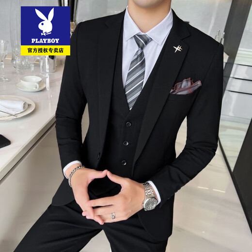 Playboy suit men's three-piece suit Korean version slim business formal casual small suit groom groomsman wedding dress 719/black two-piece suit + pants XL recommended 120-135Jin Jin equals 0.5 kg