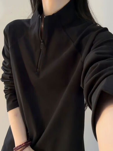 Jingyan selects half-zip raglan sleeve German velvet sweatshirt for men and women in autumn and winter American sports and fitness cycling clothes with high collar. Black upgraded version 95 user choice M M