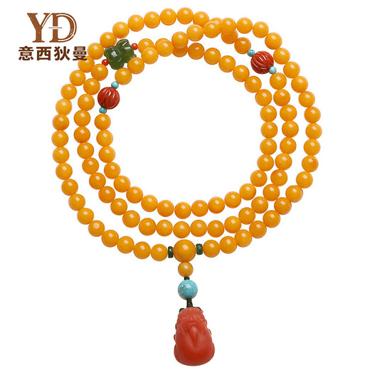 Italian beeswax bracelet for men and women, high-end multi-ring chicken fat yellow amber jade bracelet, Pixiu pendant necklace, cultural toy jewelry, 6mm, 108 pieces (one item, one certificate)