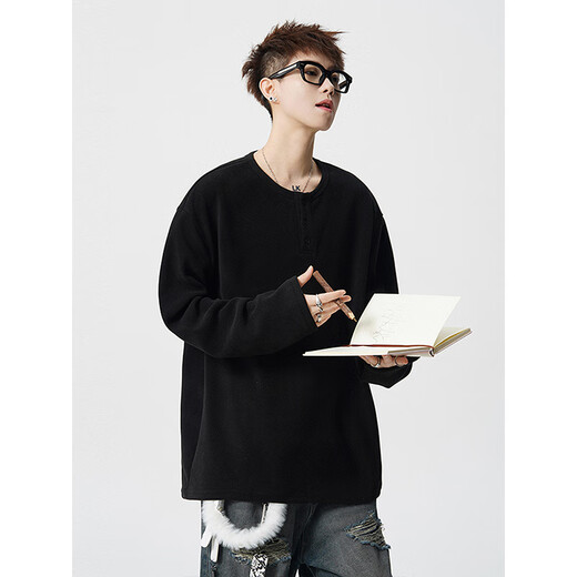 Cotton fantasy MIAN HUAN American high street heavyweight sweatshirt for men in autumn and winter, loose and trendy inner layering shirt for couples, Henry collar long-sleeved T-shirt, white XL