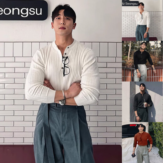 GOLDLION G+ Spring and Autumn New Henley Collar Long Sleeve Sweater Men's Fine Needle Light Mature Slim Business Trend B511 White M