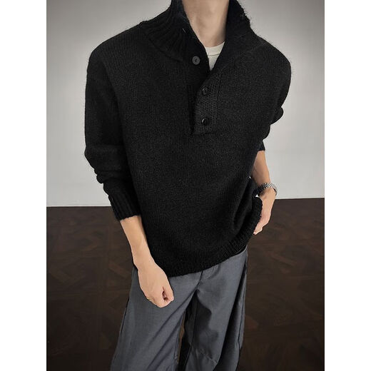 Jiaojing old money Henry collar sweater retro cleanfit Henry collar sweater men's autumn trendy brand handsome senior lazy black M 90 to 115 Jin Jin is equal to 0.5 kg