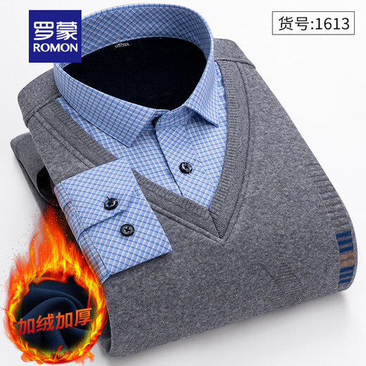 罗蒙（ROMON）冬季男士假两件套保暖衬衫领男长袖加厚加绒中年父亲装针织衫毛衣 灰色 1613 XL 【加绒加厚】