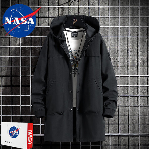 NASA RHUDE windbreaker men's mid-length spring and autumn coat men's youth loose coat autumn printed velvet hooded autumn and winter windbreaker black 5XL (200-220Jin Jin equals 0.5 kg)