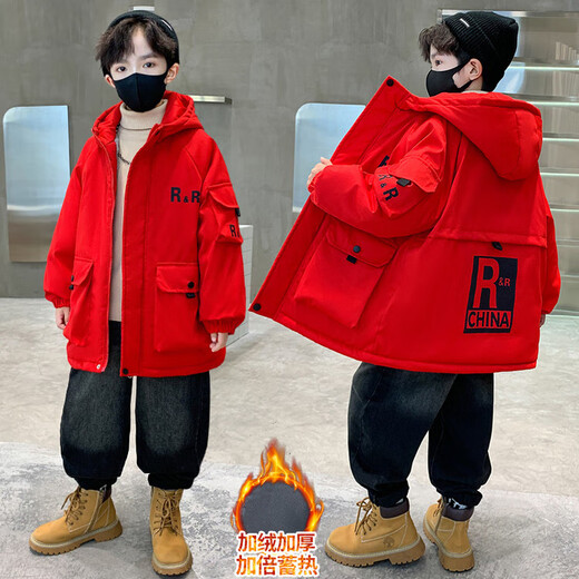Boys winter red velvet jacket 2025 new thickened medium and large children's cotton coat windbreaker for boys and girls red 160 cm