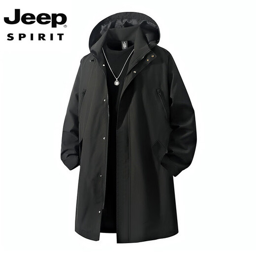 JEEP SPIRIT Large Size Men's Mid-Length Windbreaker Jacket Men's Spring and Autumn Style Fatty Loose Plus Fat Extra Large Hooded Fat Man Coat Black 2XL (220Jin Jin is equal to 0.5kg -245Jin Jin is equal to 0.5kg)