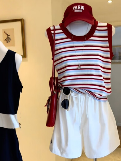 Plus Size Women's Red Striped Sleeveless Knitted Vest Summer Fat Millimeters Slim Appearance Wear Inside Out and Wear Beautiful Red Striped Tops Huge Good-Looking Sleeveless Tops M 80-100Jin Jin is equal to 0.5kg