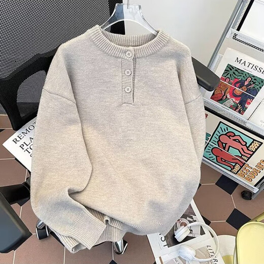 Ye White Dongguan Dalang Knitted Sweater Men's Autumn and Winter New Henley Collar Sweater Men's Solid Color Bottoming Knitted Jacket Gray 2XL