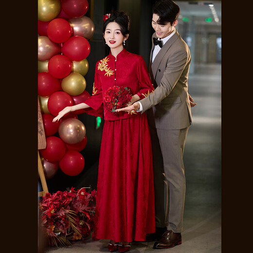 Vimadtly maternity toast dress temperament bride wedding engagement dress skirt cheongsam new Chinese wedding dress large size fat mm to cover the belly burgundy top + skirt 3XL