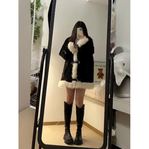 Apocalypse Century Design Retro Furry Stitching Lamb Wool Stand Collar Cotton Clothes Women's Winter Thickened Motorcycle Jacket Black S