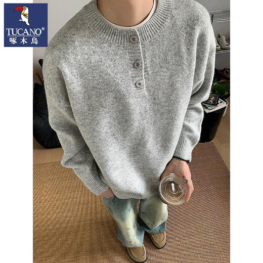 Woodpecker American Henry Collar Sweater Men's Autumn and Winter New High-end Lazy Style Knitted Sweater with Bottoming Shirt for Men Light Gray 3XL (Recommended 145-160 Jin Jin equals 0.5 kg)