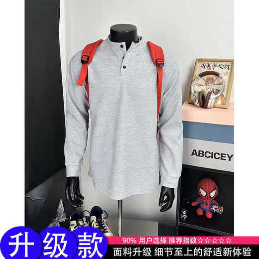 Cleanfit gray henley collar long-sleeved t-shirt men's American polo collar inner layering shirt hawaffle sweatshirt light gray upgraded model M