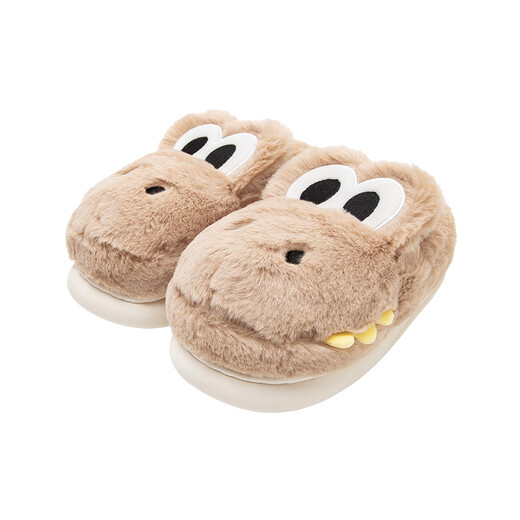 Minibala soft elastic comfortable home cotton slippers for boys and girls with long velvet lining, cute style Khaki 50601 24