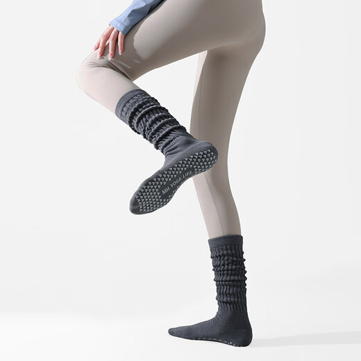 Long yoga socks for women in autumn and winter, terry non-slip pilates running and fitness calf bubble socks, gray, tube height 35cm, 1 pair, one size fits all (35-40) terry bottom/anti-slip glue