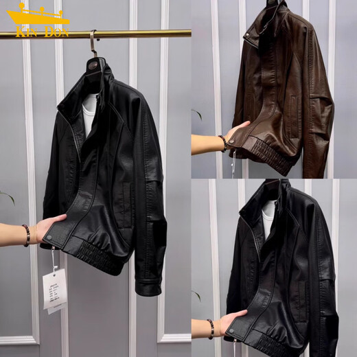 2025 New Motorcycle Pu Leather Jacket Men's Autumn and Winter Trendy Loose Workwear Jacket Men's Trendy Versatile and Handsome Black QN#PU9127 High Quality 3XL (Recommended 165-180Jin Jin equals 0.5kg)