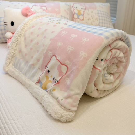 Fantasy Cute Cat Milk and Lamb Velvet Blanket 2025 New Girly Heart Sofa Blanket Thickened Warm Sheet Cover Blanket Kaca Paradise Milk Velvet + Lamb Velvet Cat-like Feel 70x100cm Napping Children's Blanket