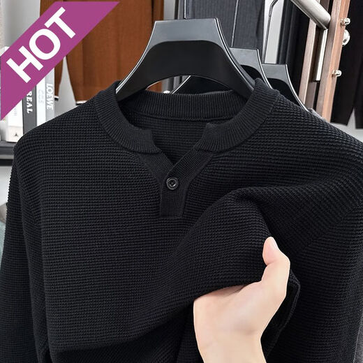 AX Armani off-size pineapple pattern Henry collar sweater men's spring and autumn new fashion casual cotton texture dark gray XL 175 (recommended 135-150)