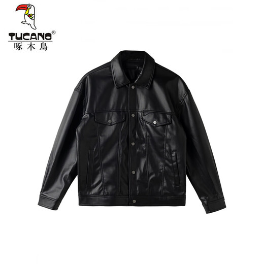 Woodpecker men's handsome men's motorcycle short leather jacket men's autumn and winter new trendy loose pu leather jacket black 2XL