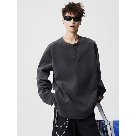 Cotton fantasy MIAN HUAN American high street heavyweight sweatshirt for men in autumn and winter, loose and trendy inner layering shirt for couples, Henry collar long-sleeved T-shirt, white XL