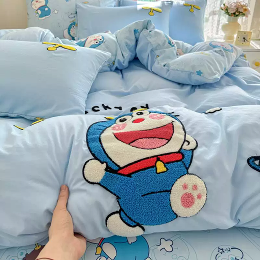 Yusenyi cute washed cotton towel embroidered four-piece bed sheet, quilt cover, fitted sheet, pure cotton, cotton student dormitory Spongebob custard, type A towel embroidery, soft and skin-friendly, 1.2m bed sheet, dormitory three-piece quilt cover 150x200