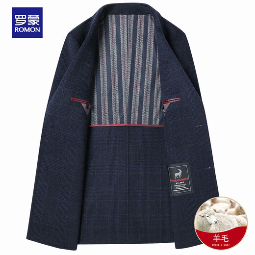 Romon mid-length double-sided denim wool coat woolen coat men's thickened denim coat windbreaker suit suit collar double-sided denim winter coat for men gray plaid 175