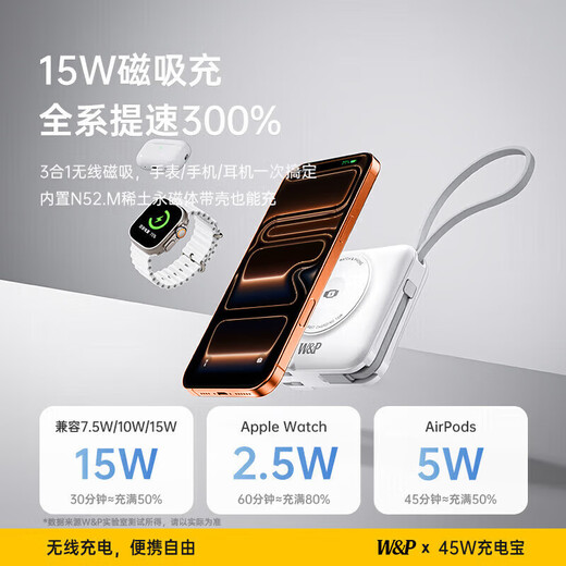 W&P's new national standard 3C certification can be used on airplanes. 45W power bank with built-in cable AC plug three-in-one fast charging 15000 mAh magnetic mobile power supply suitable for Apple 17 Xiaomi WP