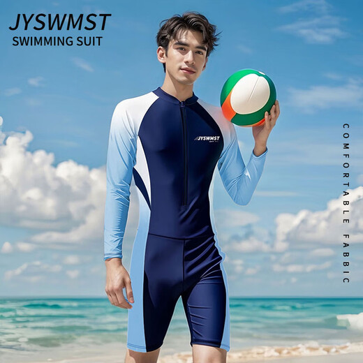 One-piece men's swimsuit for adults and teenagers plus size fat children long-sleeved five-quarter pants sun protection surfing suit swimsuit navy short-sleeved + silicone cap + flat swimming goggles + nose clip earplugs L_90-110Jin Jin equals 0.5 kg
