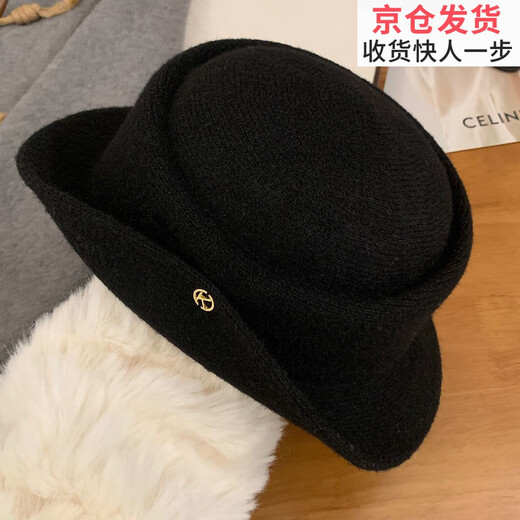 Fashionable and charming French Hepburn style elegant black top hat for women autumn and winter retro face-showing small curled woolen hat fisherman hat versatile black M (56-58cm)