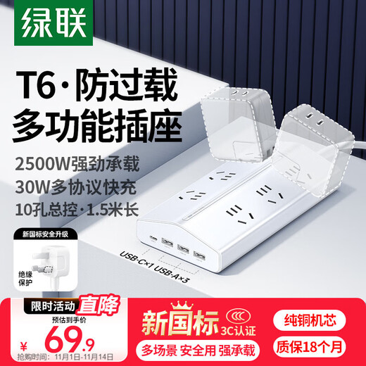 Lulian Einteilige T6-Trapez-Steckleiste, neuer nationaler Standard, USB-Buchse/Steckleiste, Galliumnitrid, 30 W, Schnellladung, Anti-Überlastung, Steckleiste für Apple Xiaomi 17