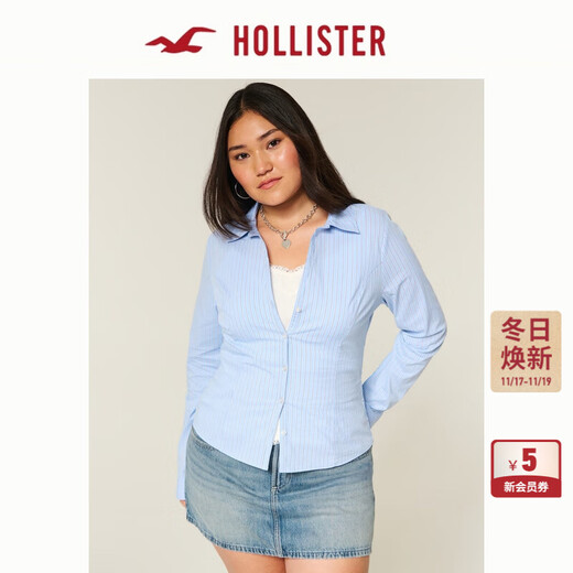 HOLLISTER25 new autumn and winter Y2K hot girl slim striped lace-up poplin shirt women's 340-5486 blue striped XS (160/80A)