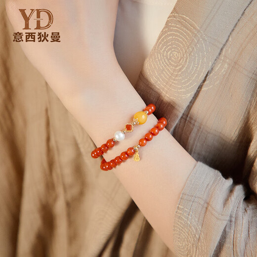 Italian Dimannan Red Bracelet Red Agate Bead Bracelet Women's Beaded Natural Beeswax Duobao Bracelet Sterling Silver Four-leaf Clover Hihe 8mm Southern Red Honey Rhyme 14-15cm Hand Circumference