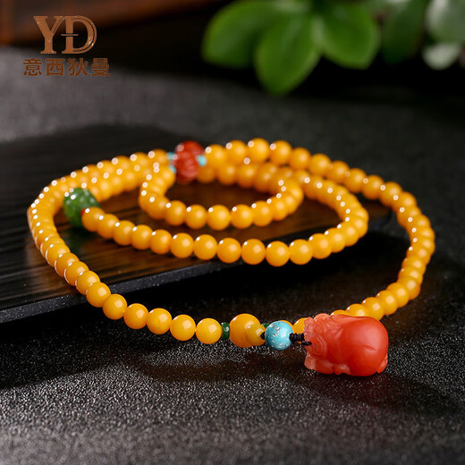 Italian beeswax bracelet for men and women, high-end multi-ring chicken fat yellow amber jade bracelet, Pixiu pendant necklace, cultural toy jewelry, 6mm, 108 pieces (one item, one certificate)
