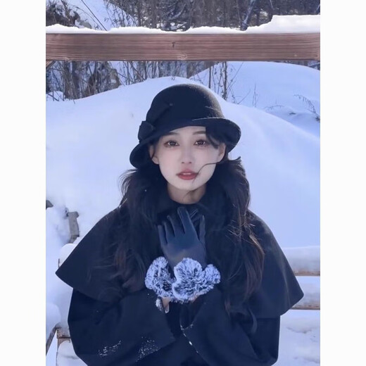 Blooming British Retro Hat Hat Black French Style Elegant Autumn and Winter New Woolen Fisherman Hat Fashion Basin Hat (Big Bow) Side Roll Top Hat - Gray