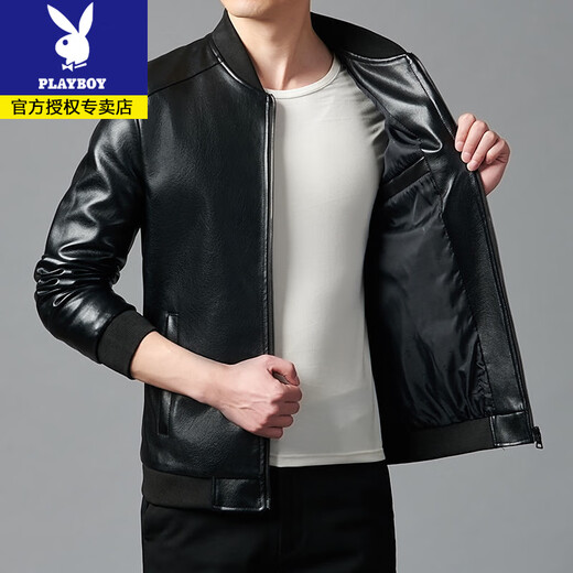 Playboy Warmth in Winter Really Good Leather Men's Jacket Middle-aged and Elderly Men's Leather Jacket with Velvet Lapel Black Lapel Velvet 2XL 150-170Jin Jin is equal to 0.5 kg