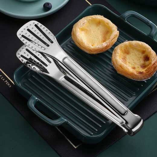 Qinkai ultra-thick stainless steel food tongs kitchen commercial anti-scald food tongs barbecue tongs steak tongs spicy hot 9 inches (length 23.5cm) stainless steel color (ordinary style)