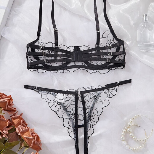 Universal French popular style sexy open-back underwear lace bra set with push-up see-through pure lust style temptation-free thong S 32/70ABCD